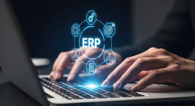 Hands typing on laptop with glowing erp technology interface above keyboard