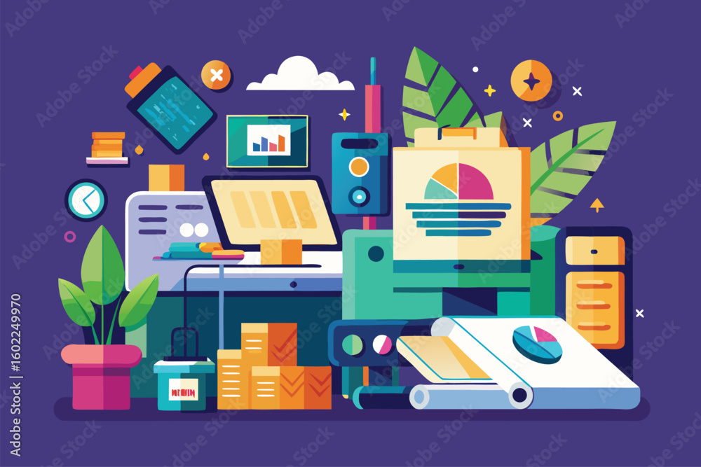 Fototapete colorful workspace with computer and office supplies showcasing productivity and organization in a m
