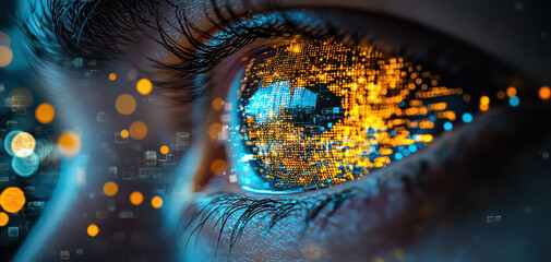 Close up eye digital technology futuristic blue orange cyber data abstract human glowing innovation modern science network artificial intelligence vision focus detail creative concept imagination