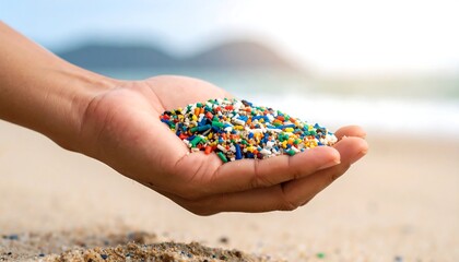 Hand holding plastic pellets on beach