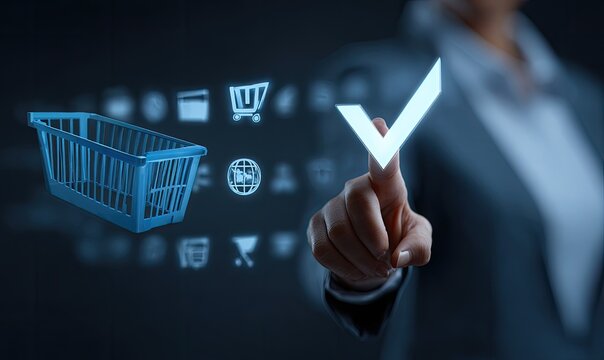 Woman's finger touches a virtual shopping cart checkmark