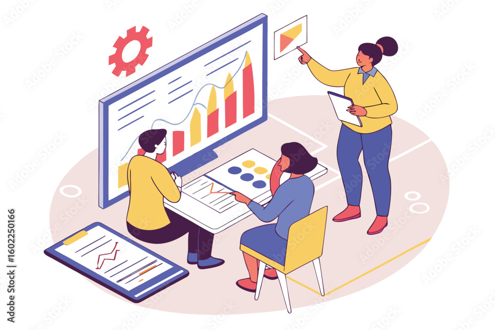 Poster team collaborates on data analysis with charts and graphs in a modern workspace