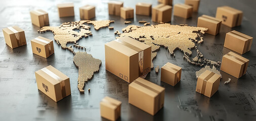 Cardboard box world map shipping delivery logistics global parcel distribution transportation commerce concept of worldwide shipping and logistics with cardboard boxes on world map background