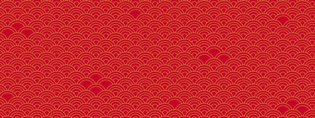 Red pattern for Japanese and Chinese seamless gold line art design with motif or bg. Ideal for abstract or traditional texture and cultural backdrop elements. © YEVHENIIA
