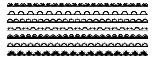 Scallop lace edge with border, trim, and vintage pattern in black vector style. Crochet ribbon or embroidery stripe for decoration or card frame design.