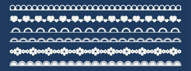 Lace border with scallop edge and trim pattern for vector frame or crochet embroidery. White line design on blue background. Vintage decoration.