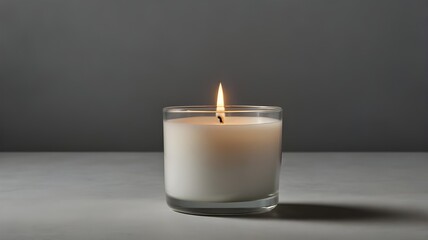 Single White Candle in Glass Jar on Gray Background