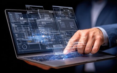 Person interacts with glowing, digital data on laptop