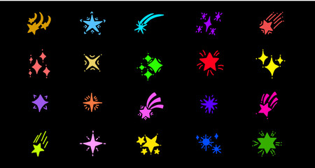 Colorful cartoon star icon set on black background. Decorative glowing stars in various styles for game, sticker, or fantasy design.