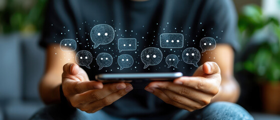 Person holding smartphone digital chat bubbles communication technology artificial intelligence large language model minimalistic modern innovation connection social media
