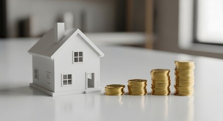White model house next to growing stacks of gold coins representing real estate investment growth
