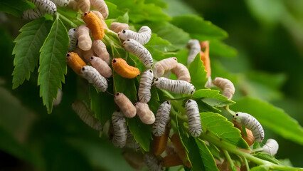 Silkworms Feeding on Green Leaves