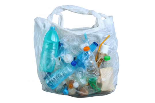 Plastic bag overflowing with various plastic bottles and trash