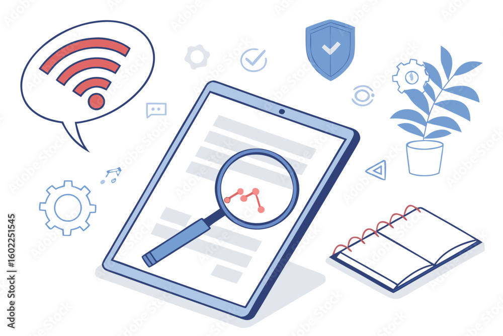 Poster exploring digital analytics through a tablet with diagrams, checkmarks, and study materials enhancin