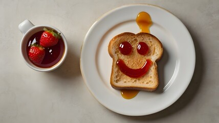 Happy Toast with Jam and Syrup on White Plate