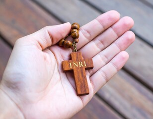 Hand holding wooden rosary cross