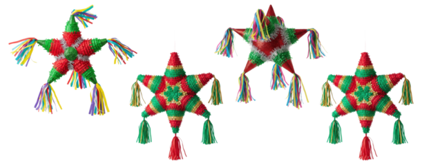 Set of festive star-shaped piñatas with colorful streamers and tassels