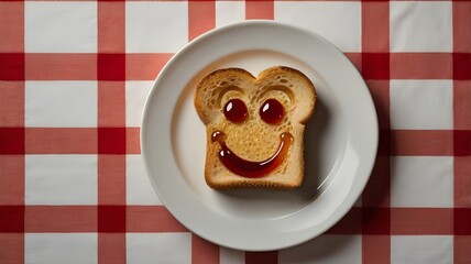 Cute Toast with Jam Smile on Checkered Background