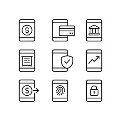Financial mobile payment banking icons collection. Outline symbols. Line design