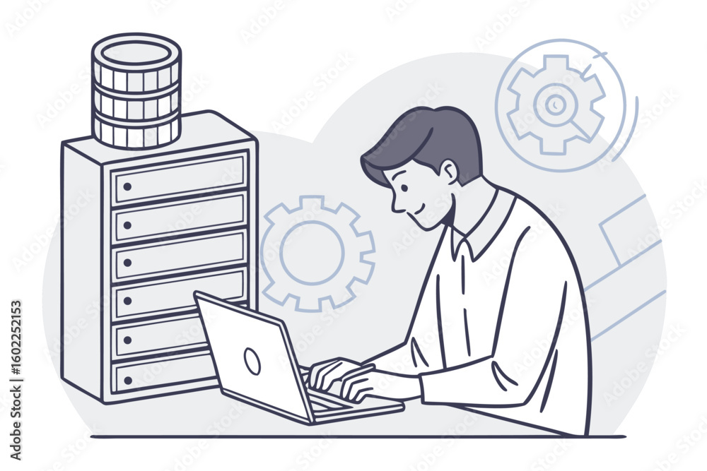 Poster man working on a laptop with database server and gears in the background at a modern office setting 