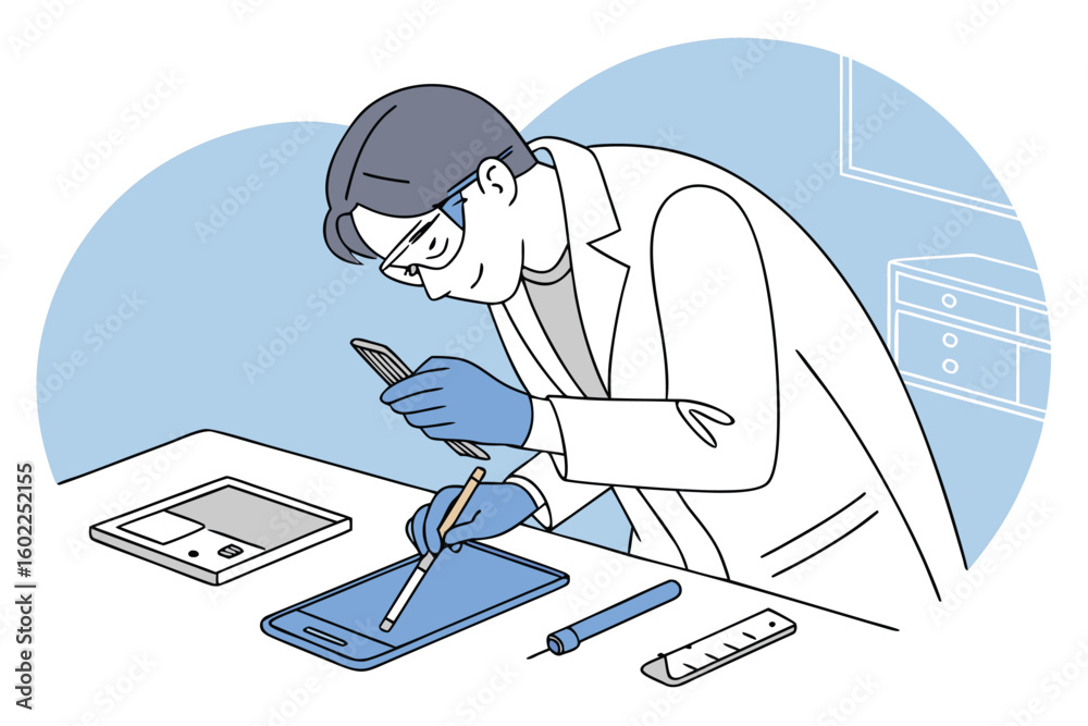 Poster scientist working on a tablet repair using precision tools in a laboratory setting with a focus on s