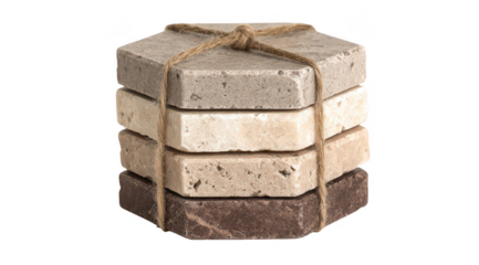 Stacked hexagon coasters, tied with twine, various beige and brown tones