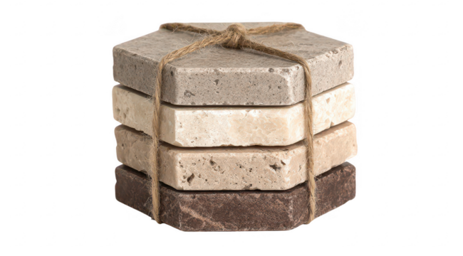 Stacked hexagon coasters, tied with twine, various beige and brown tones - Powered by Adobe
