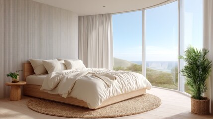 Fototapeta premium Serene minimalist bedroom decor coastal view interior design bright and airy modern aesthetic