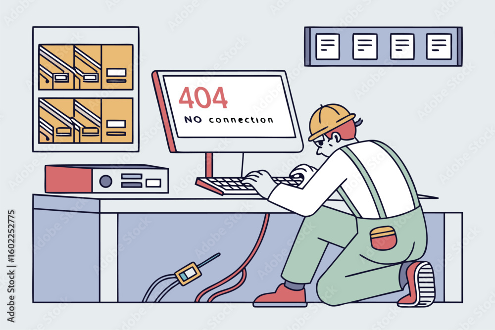 Poster technician troubleshooting network issues in an office setting with a computer displaying an error m