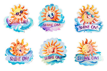 Obraz premium Set of cheerful sun characters with sunglasses and smiles