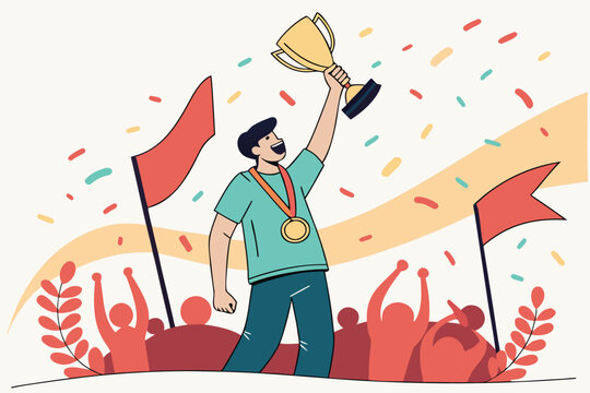 Victory celebration featuring a man holding a trophy high with a gold medal around his neck, surrounded by cheering crowds and colorful confetti, an energetic moment of achievement