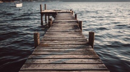 Obraz premium A gray-toned lakeside dock with soft ripples, vintage film aesthetic