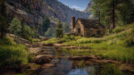 Rustic stone cabin nestled in a serene mountain valley beside a tranquil stream, surrounded by lush greenery and towering rock formations under a clear blue sky