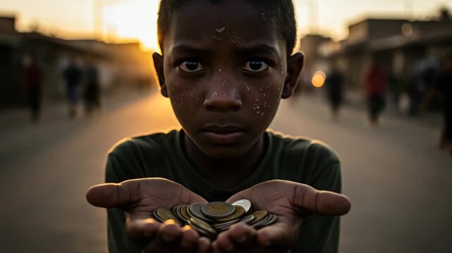 Young boy holding coins in cupped hands, symbolizing poverty and social issues