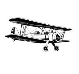 Vintage Biplane: A striking monochrome line art illustration depicts a classic biplane in flight, showcasing its detailed propeller and elegant design.