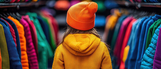 Child wearing orange hat and yellow sweater stands in colorful clothing store, surrounded by vibrant jackets and sweaters, creating cheerful and playful atmosphere