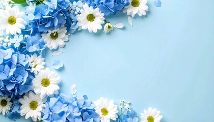 Feliz D&iacute;a de la Madre Blue Hydrangeas Flatlay Background with Copyspace
