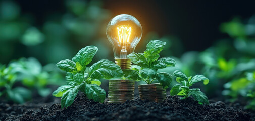 Light bulb plant coin soil growth green energy finance sustainability eco friendly innovation hope concept nature investment environment savings agriculture idea wealth future ecology renewable