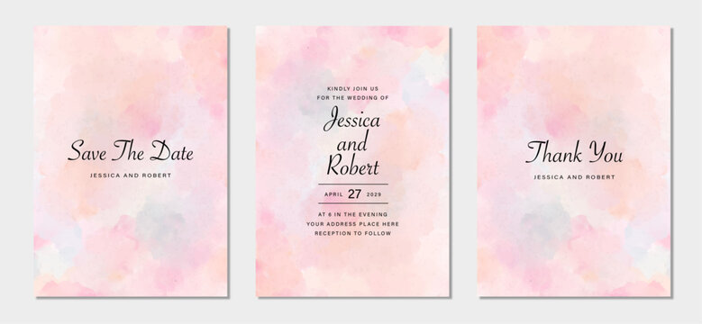 wedding invitation card set abstract pink pastel watercolor background
