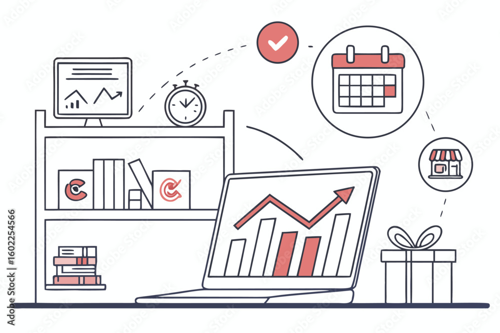 Poster trends in business analytics represented by graphs and charts with digital devices showcasing produc