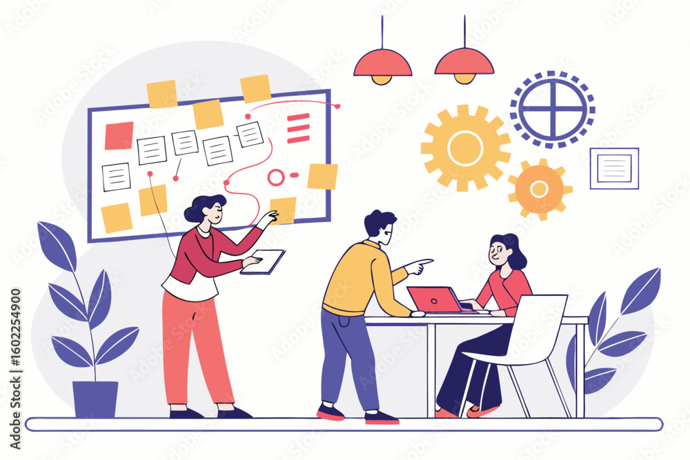 Poster team members collaborate in a modern workspace with brainstorming tools on display, showcasing creat