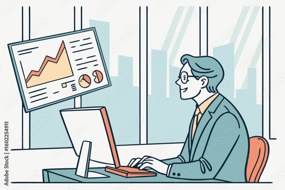 Poster professional looking man working at a computer while analyzing business graphics in a modern office 