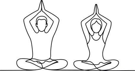 Two people meditating in lotus pose with hands clasped overhead