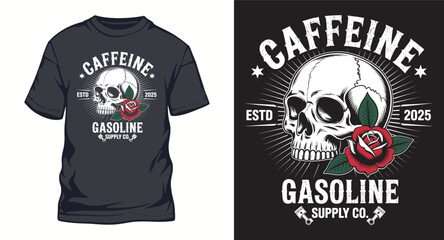Caffeine Gasoline skull head graffiti style typography t-shirt design