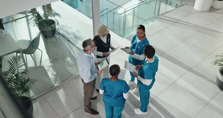 Medical, staff or doctors in meeting with documents for surgery funding, resource allocation or above. Hospital director, business people or surgeon team with notes for healthcare feedback or support - Powered by Adobe