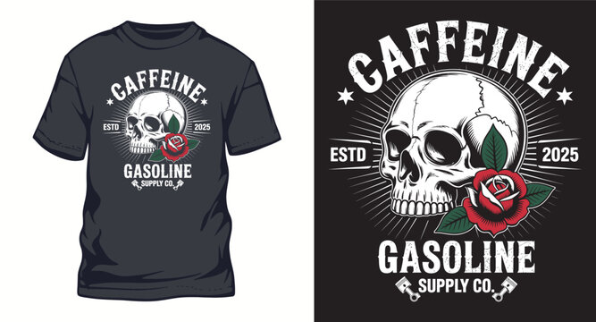 Caffeine Gasoline skull head graffiti style typography t-shirt design