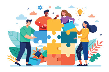 Obraz premium Group of diverse individuals collaboratively assembling a colorful puzzle in a creative workspace during a sunny day