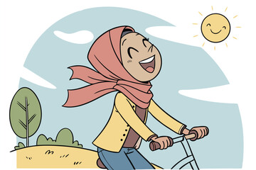 Naklejka premium Joyful girl riding bicycle under sunny sky, enjoying a warm day