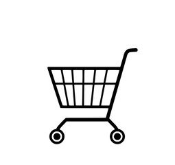 Shopping Cart Icon: A simple line art illustration of a shopping cart, showcasing its minimalist design and black and white aesthetic, ideal for e-commerce and retail applications.