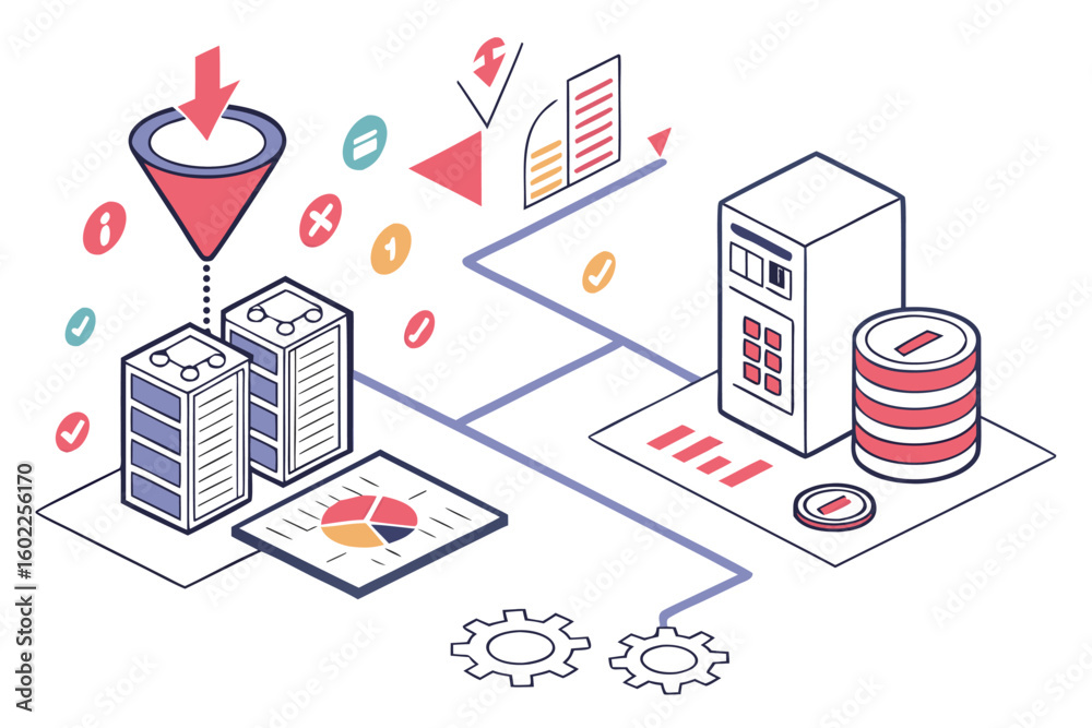 Poster Analysis of data flow in a digital system showcasing storage, processing, and representation through charts and graphs with various data elements illustrated